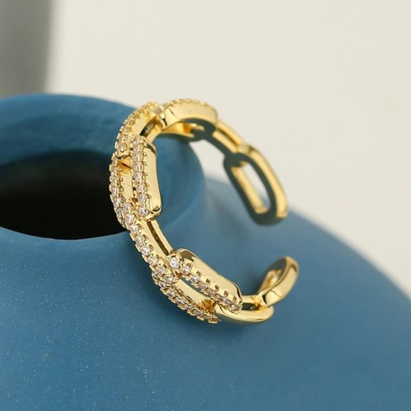 New 18K Gold Plated Diamond Link Chain Resizable Ring 9d - Picture 2 of 5